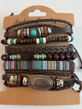 6 Pcs boho tribal leather bracelet stack turquoise bead and colorful New!